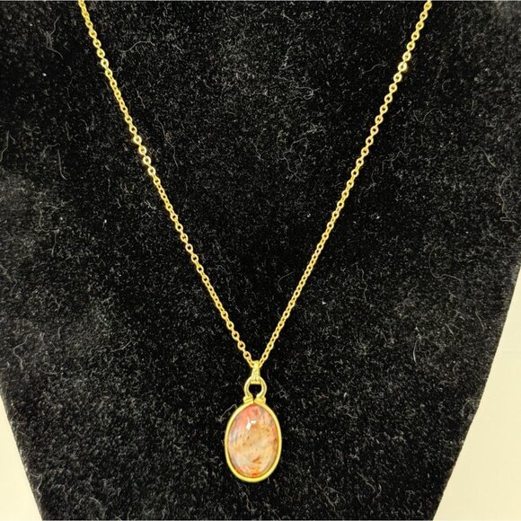 Vintage Gold-Plated Chain Necklace With Oval 12K Gold Moss Agate Pendant - Picture 1 of 7